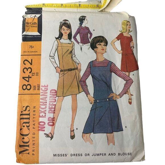 Vintage 60s McCalls 8432 Pattern Misses 10-18 Drop Waist Dress Jumper Blouse Cut - Picture 1 of 4